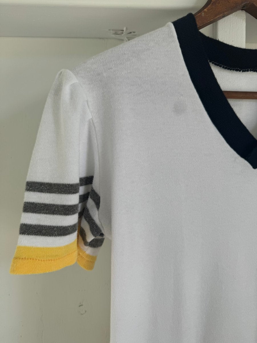 Vintage 80s Yellow Striped V Neck Tee Shirt - Diamonds & Rust