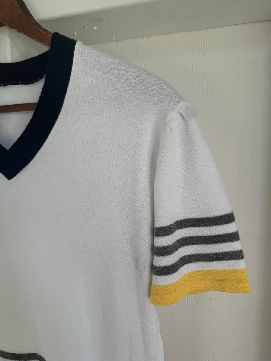 Vintage 80s Yellow Striped V Neck Tee Shirt - Diamonds & Rust