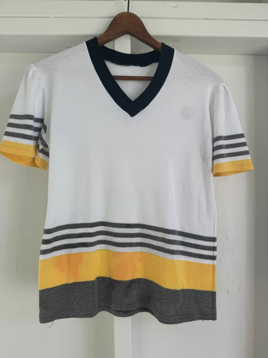 Vintage 80s Yellow Striped V Neck Tee Shirt - Diamonds & Rust