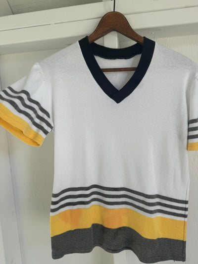 Vintage 80s Yellow Striped V Neck Tee Shirt - Diamonds & Rust