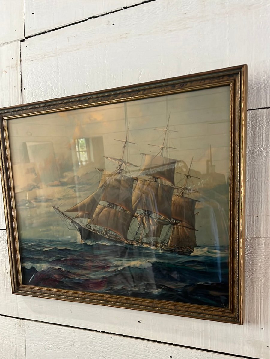 Vintage Clipper Ship Lithograph - Diamonds & Rust
