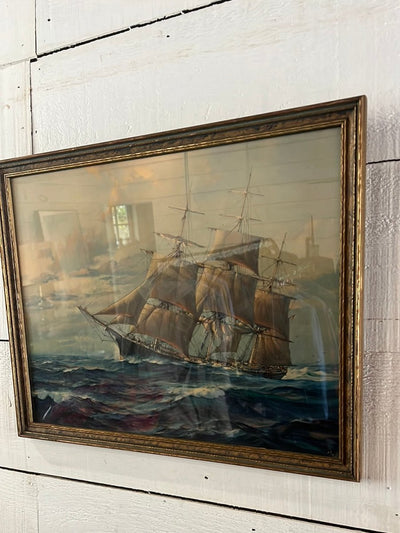 Vintage Clipper Ship Lithograph - Diamonds & Rust