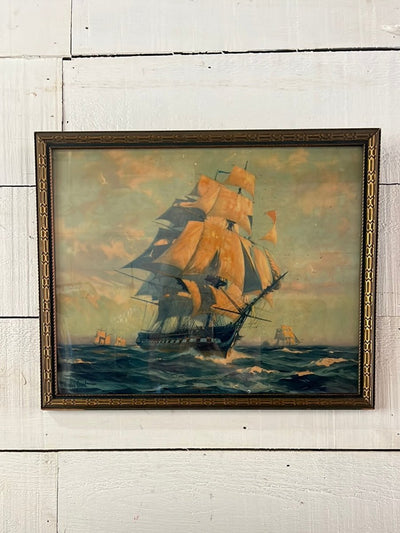 Vintage Clipper Ship Lithograph - Diamonds & Rust