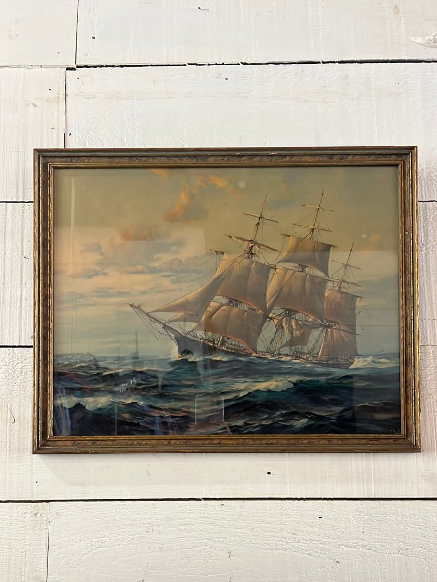 Vintage Clipper Ship Lithograph - Diamonds & Rust