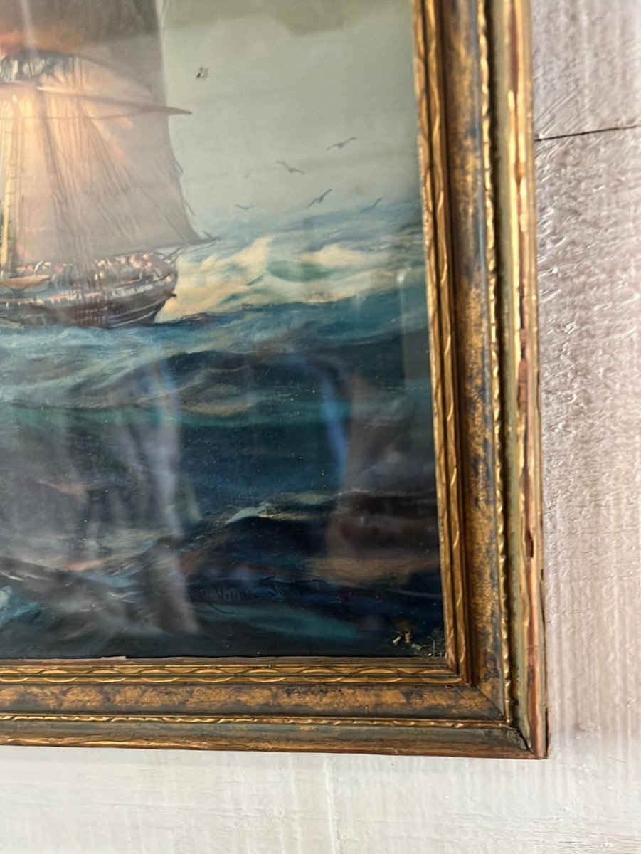 Vintage Clipper Ship Lithograph - Diamonds & Rust