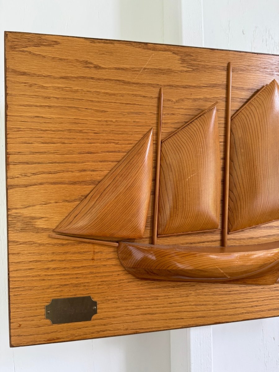 Vintage ESSEX Wooden Sailboat Plaque - Diamonds & Rust