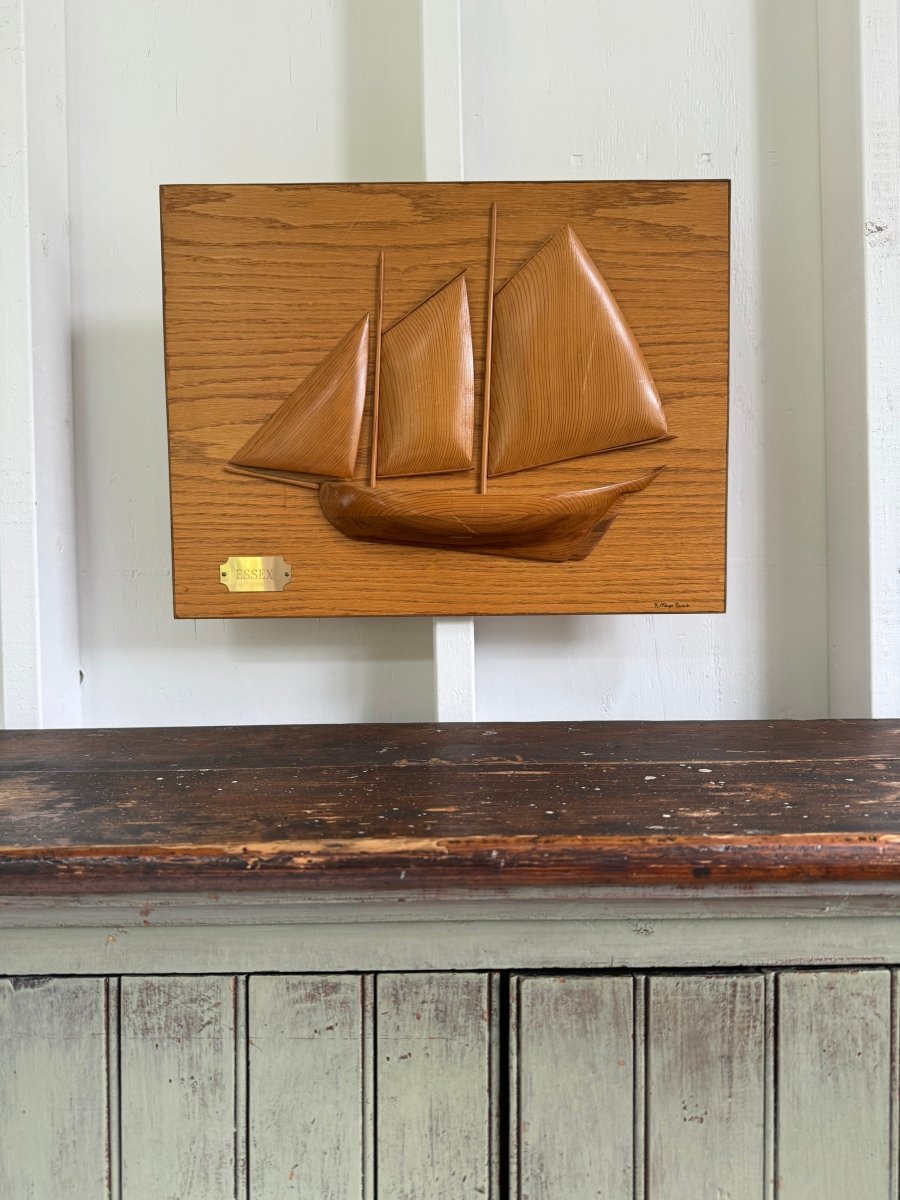 Vintage ESSEX Wooden Sailboat Plaque - Diamonds & Rust