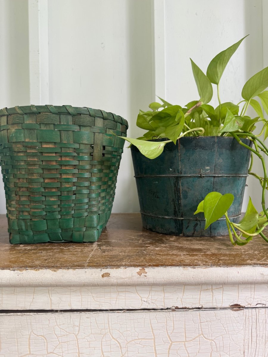 Vintage Green Wicker Wastebasket - Diamonds & Rust