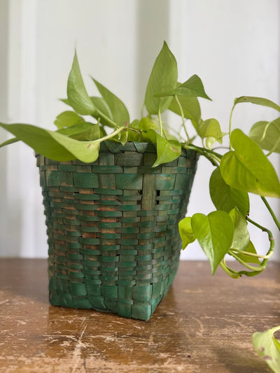 Vintage Green Wicker Wastebasket - Diamonds & Rust