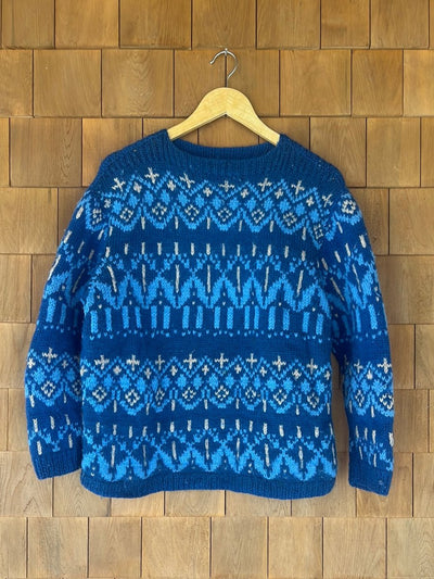 Vintage Hand Knit Wool Sweater - Blue - Diamonds & Rust