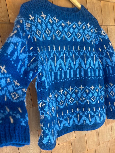 Vintage Hand Knit Wool Sweater - Blue - Diamonds & Rust