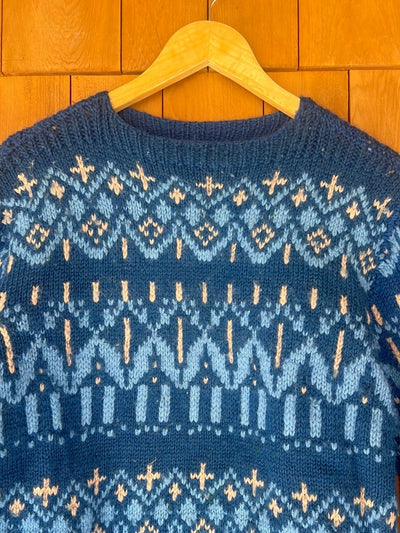 Vintage Hand Knit Wool Sweater - Blue - Diamonds & Rust