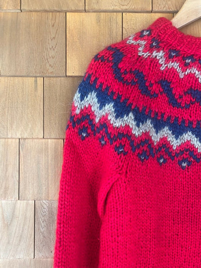 Vintage Hand Knit Wool Sweater - Red - Diamonds & Rust