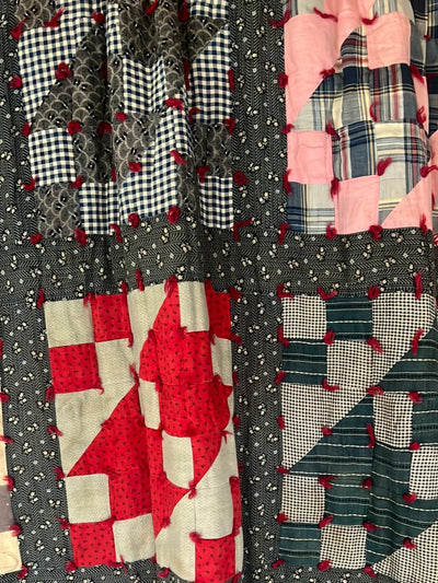 Vintage Handmade Quilt - Indigo + Red - Diamonds & Rust