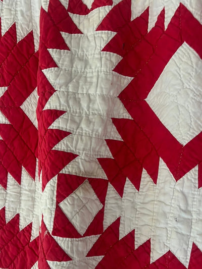 Vintage Handmade Quilt - Red + White - Diamonds & Rust