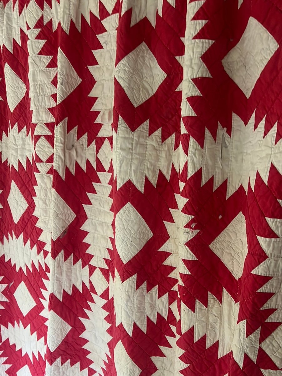 Vintage Handmade Quilt - Red + White - Diamonds & Rust
