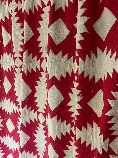 Vintage Handmade Quilt - Red + White - Diamonds & Rust