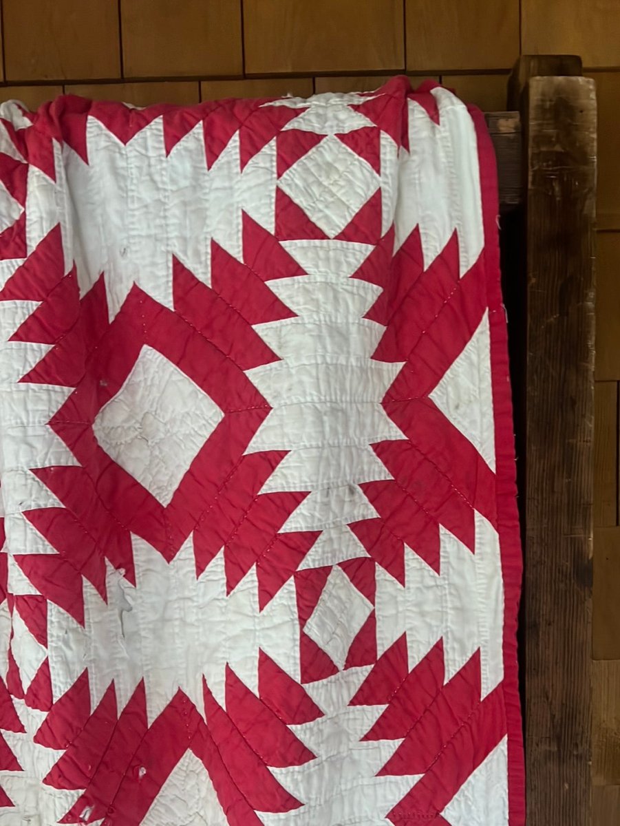 Vintage Handmade Quilt - Red + White - Diamonds & Rust