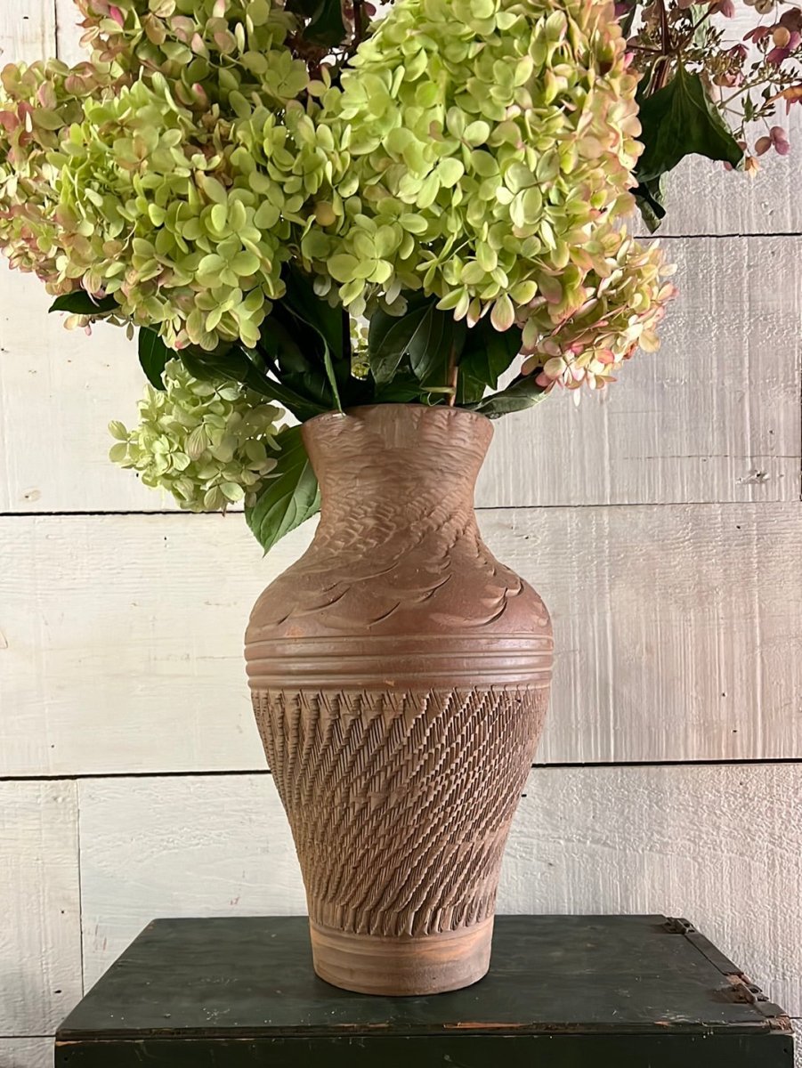 Vintage Handmade Terracotta Vase - 15" - Diamonds & Rust