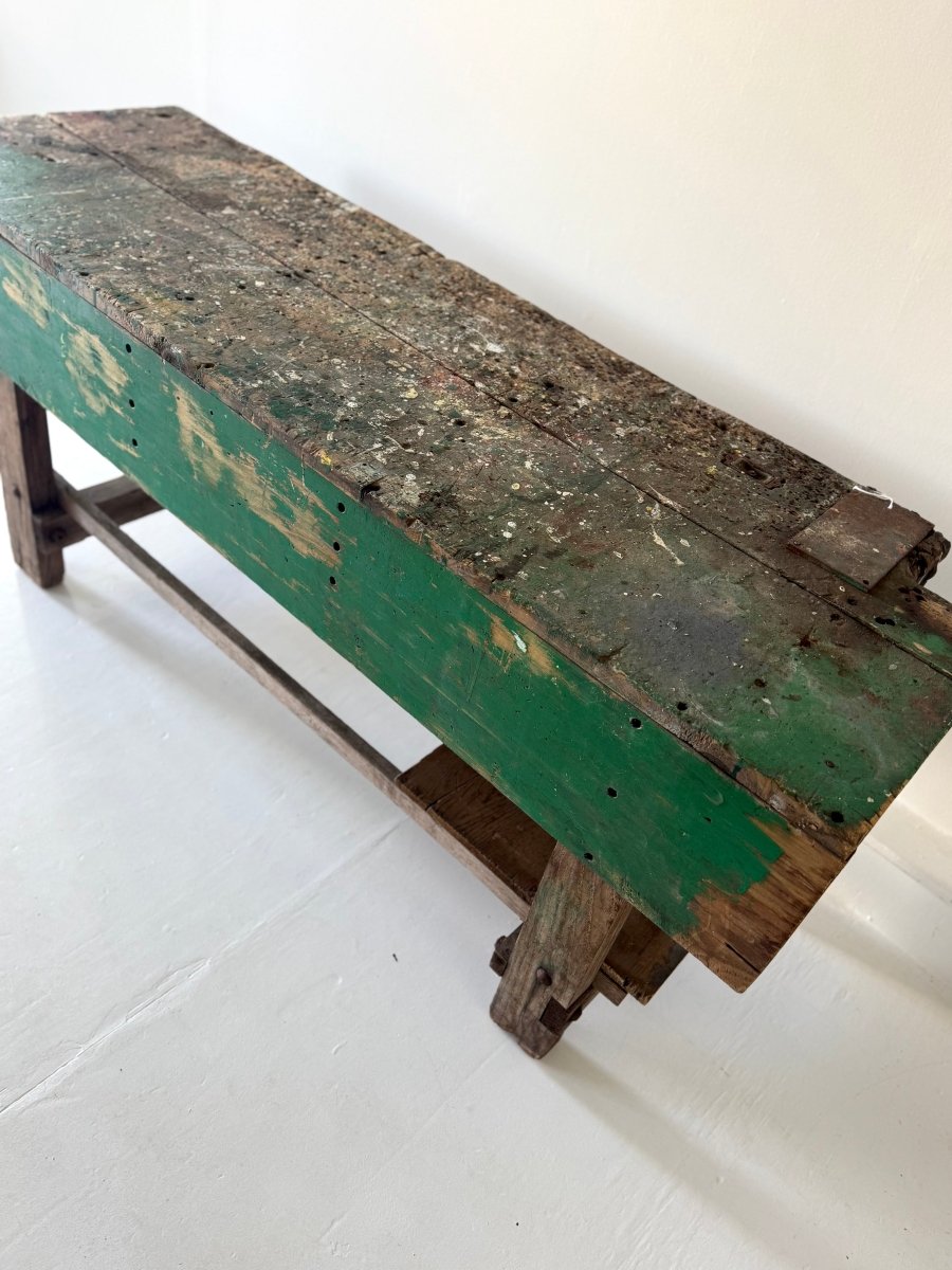 Vintage Industrial Workbench – Chippy Green Patina - Diamonds & Rust