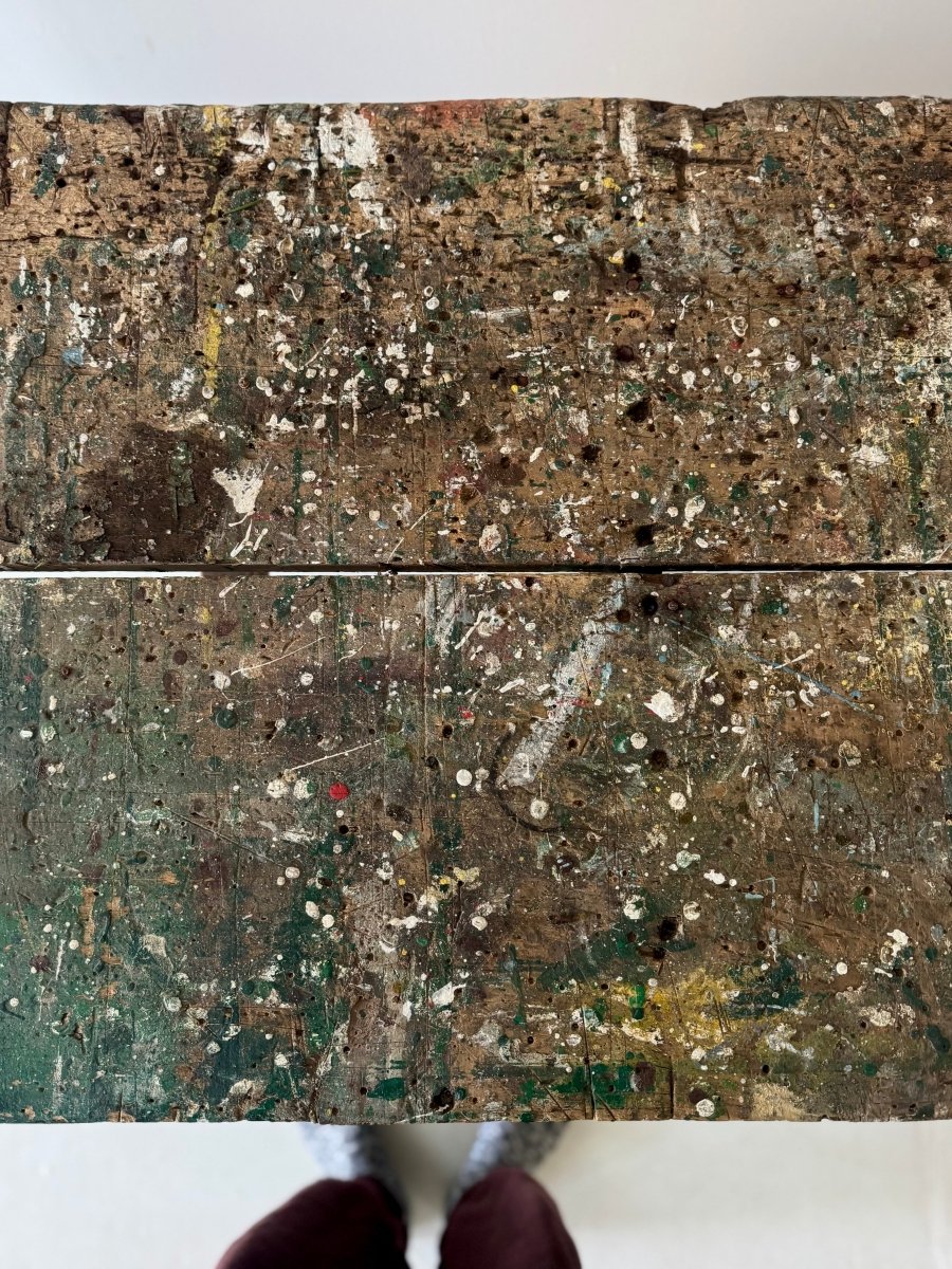 Vintage Industrial Workbench – Chippy Green Patina - Diamonds & Rust