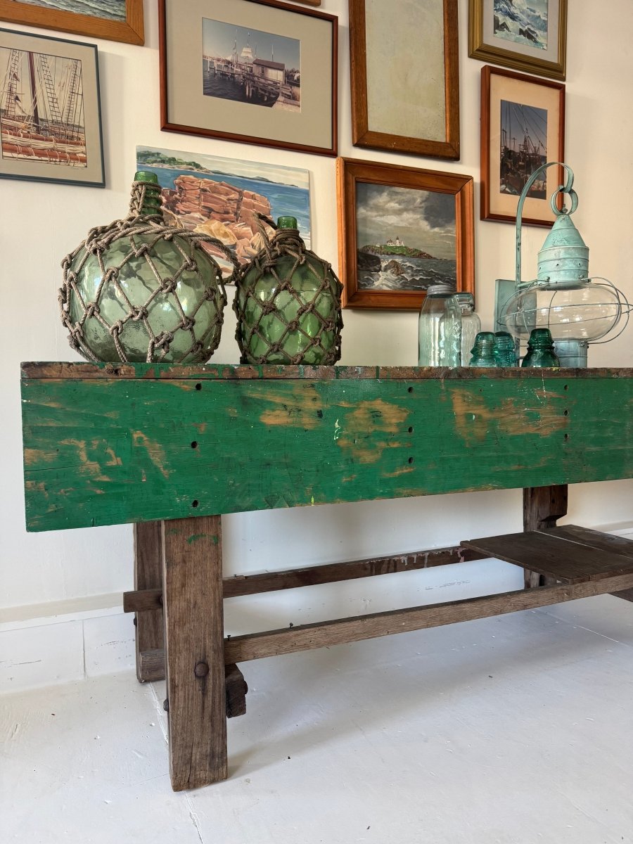 Vintage Industrial Workbench – Chippy Green Patina - Diamonds & Rust