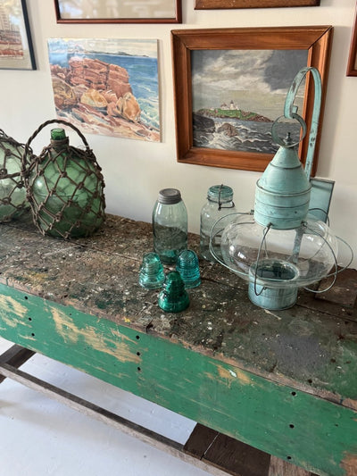 Vintage Industrial Workbench – Chippy Green Patina - Diamonds & Rust