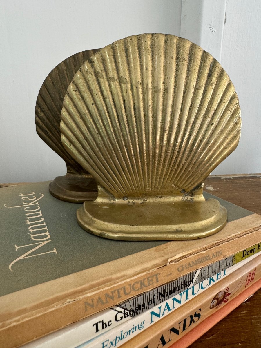 Vintage Mismatched Brass Clam Shell Bookends - Diamonds & Rust