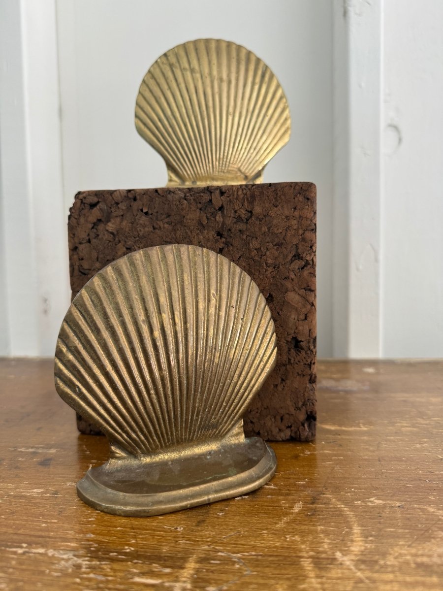 Vintage Mismatched Brass Clam Shell Bookends - Diamonds & Rust
