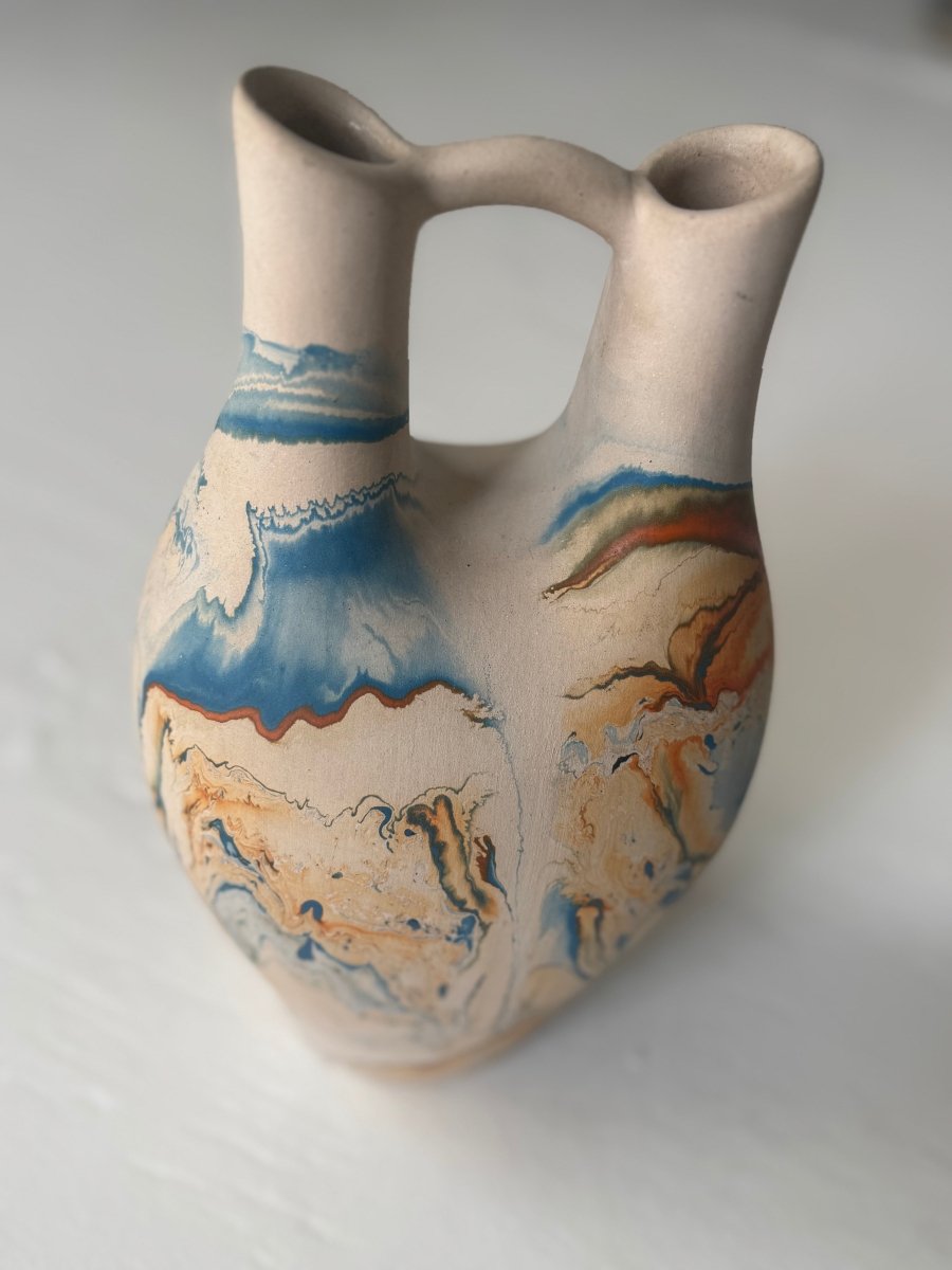 Vintage Nemadji Pottery - Blue + Orange - Diamonds & Rust