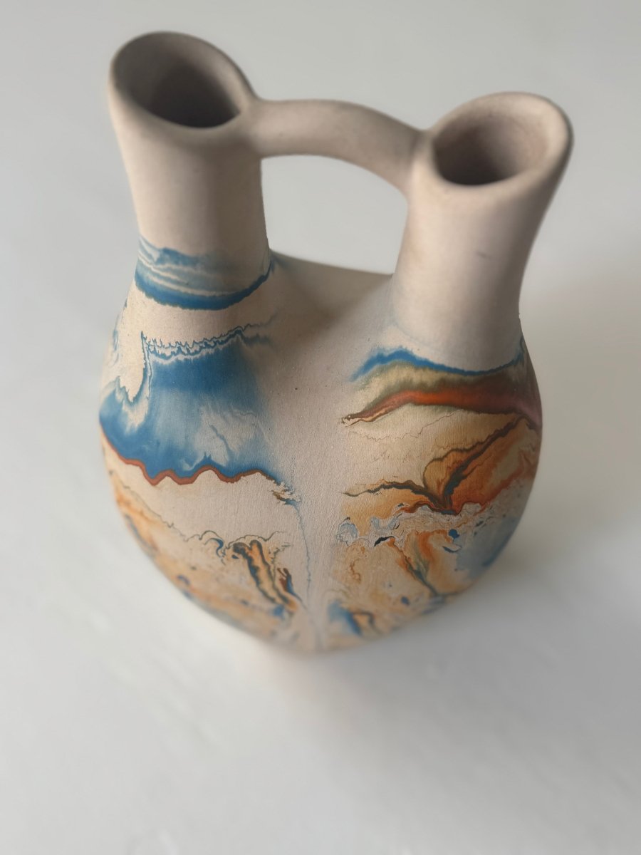 Vintage Nemadji Pottery - Blue + Orange - Diamonds & Rust