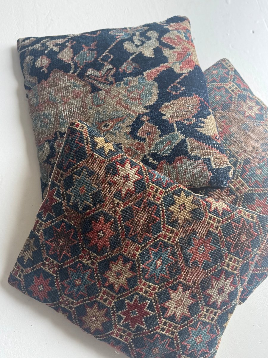 Vintage Rug Pillow - Navy Field - Diamonds & Rust