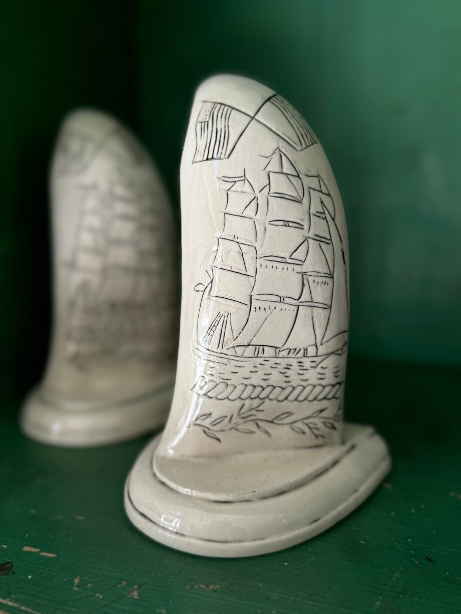 Vintage Scrimshaw Style Ceramic Tooth - Diamonds & Rust