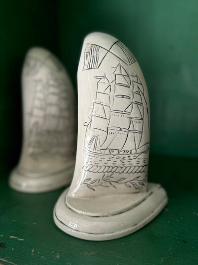 Vintage Scrimshaw Style Ceramic Tooth - Diamonds & Rust