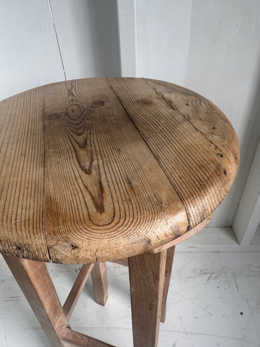 Vintage Scrubbed Pine Stool - Diamonds & Rust