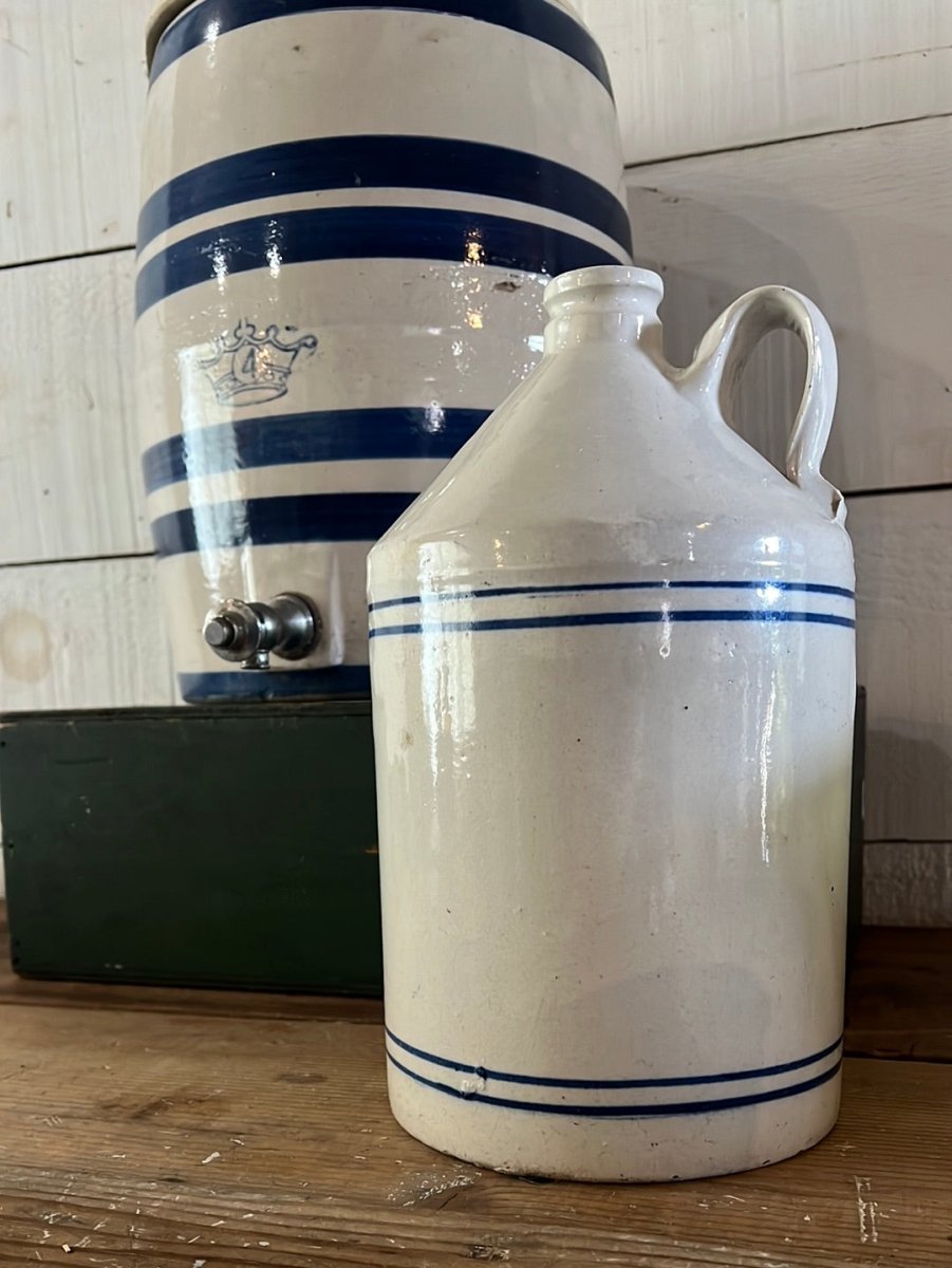 Vintage Stoneware Jug - Blue Stripes - Diamonds & Rust