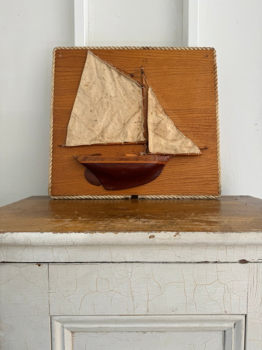 Vintage Wood Sailboat w/ Canvas Sail Wall Art - Diamonds & Rust