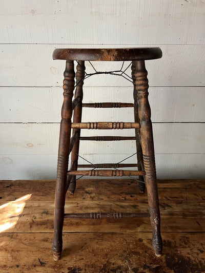 Vintage Wood Stool - Diamonds & Rust
