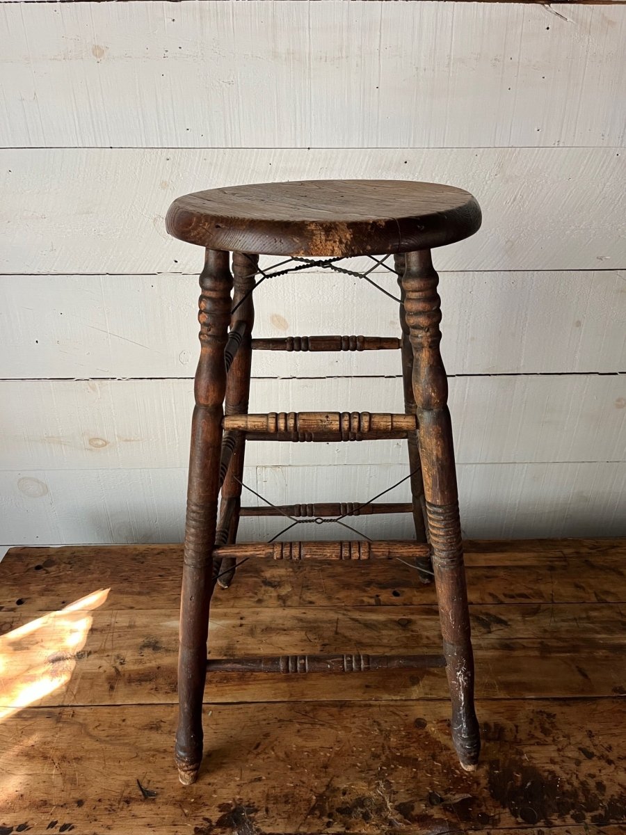 Vintage Wood Stool - Diamonds & Rust
