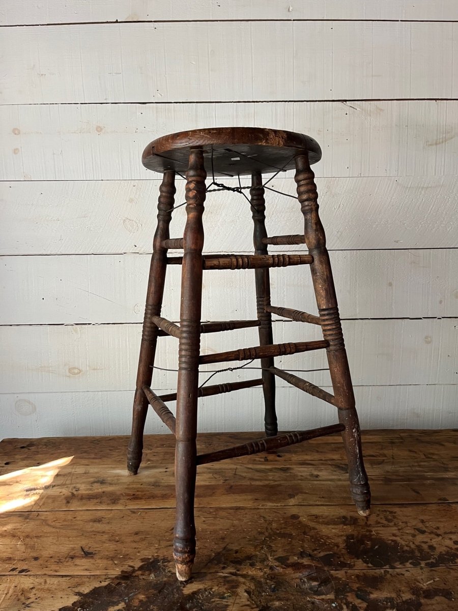 Vintage Wood Stool - Diamonds & Rust