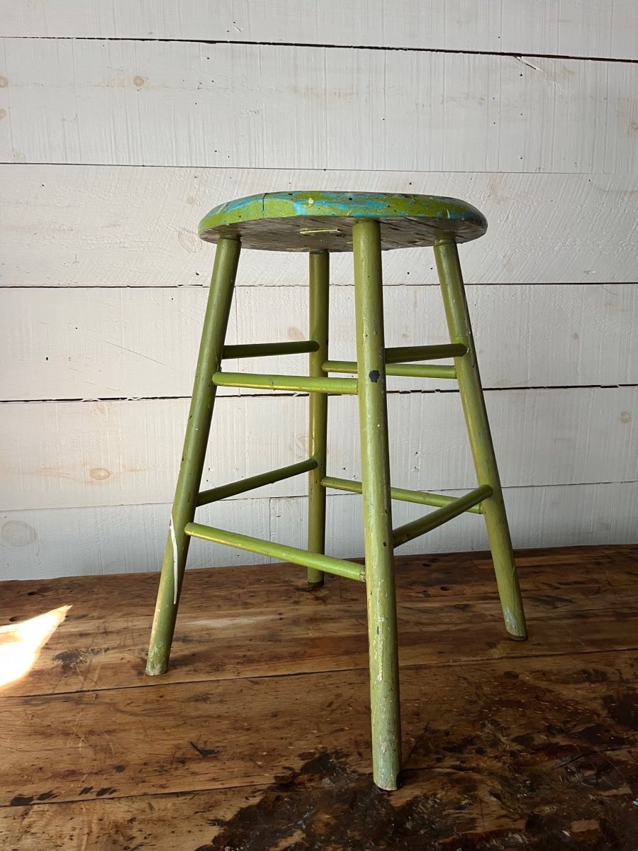 Vintage Wood Stool - Avocado Green - Diamonds & Rust
