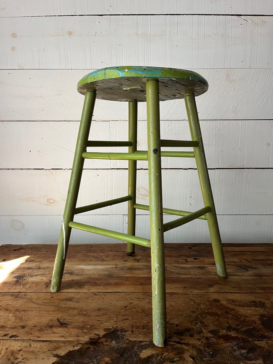 Vintage Wood Stool - Avocado Green - Diamonds & Rust