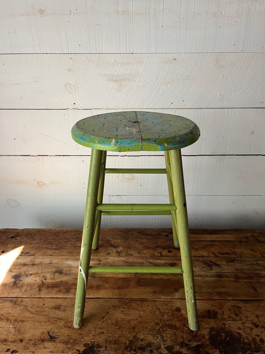 Vintage Wood Stool - Avocado Green - Diamonds & Rust