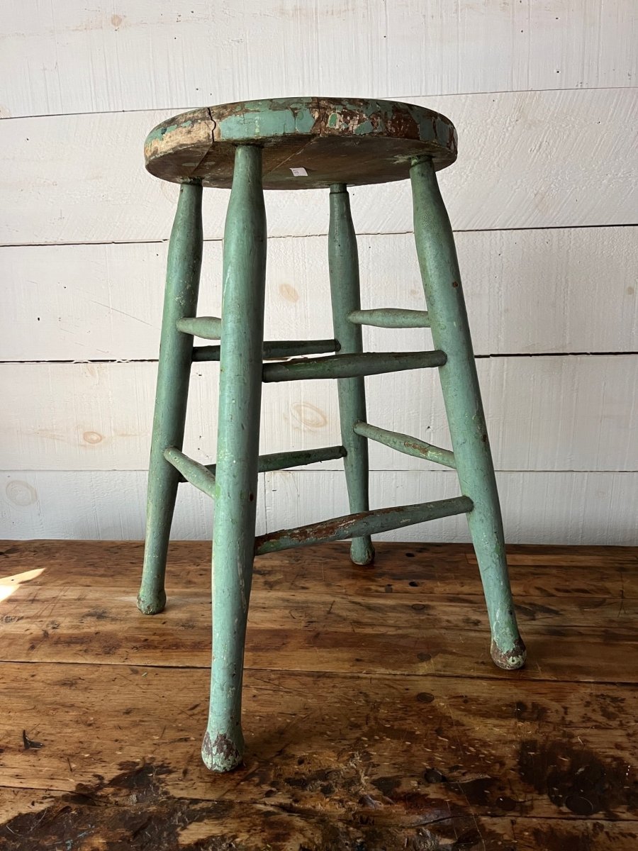 Vintage Wood Stool - Mint Green - Diamonds & Rust