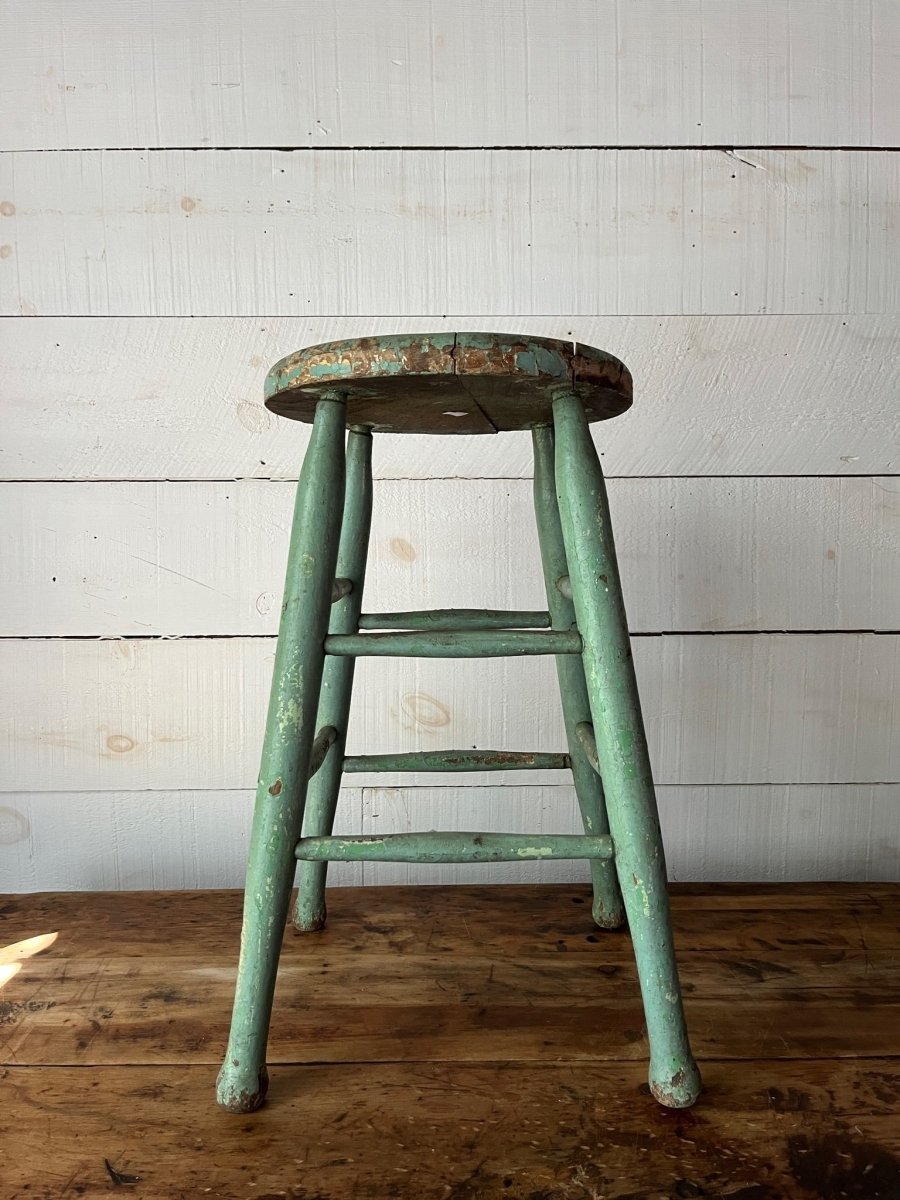 Vintage Wood Stool - Mint Green - Diamonds & Rust