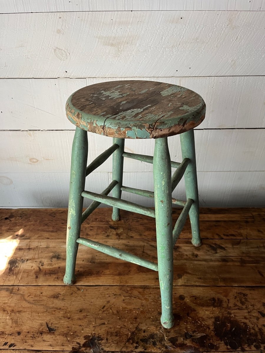 Vintage Wood Stool - Mint Green - Diamonds & Rust