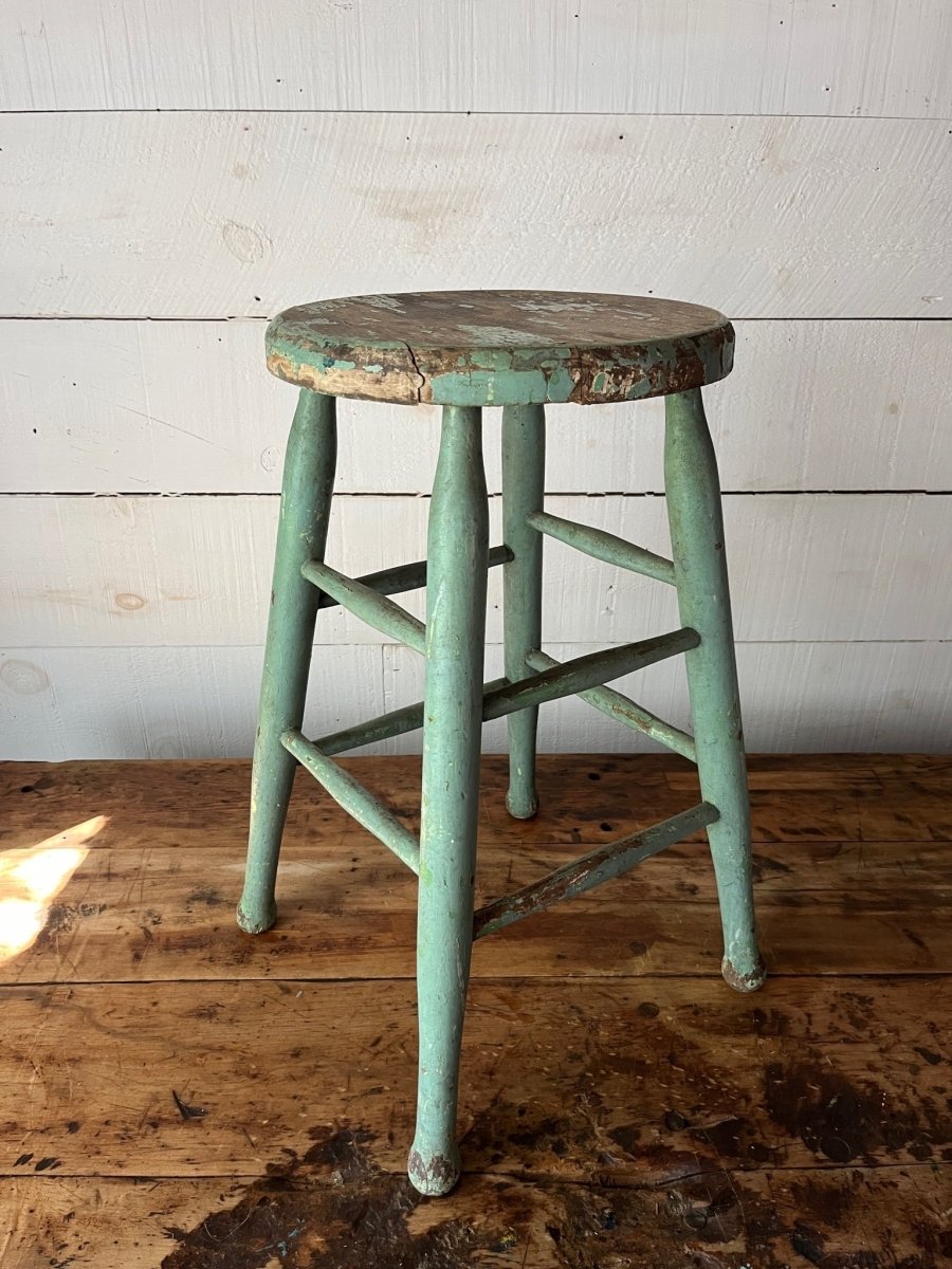 Vintage Wood Stool - Mint Green - Diamonds & Rust