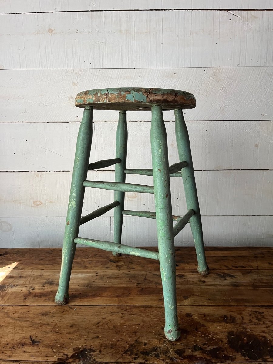 Vintage Wood Stool - Mint Green - Diamonds & Rust