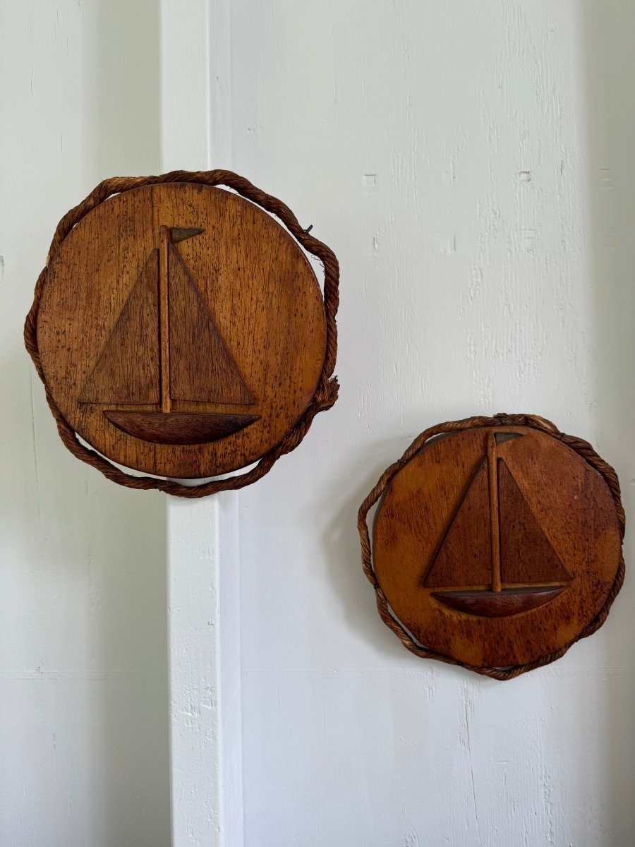 Vintage Wooden Sailboat Plaque Set - Diamonds & Rust