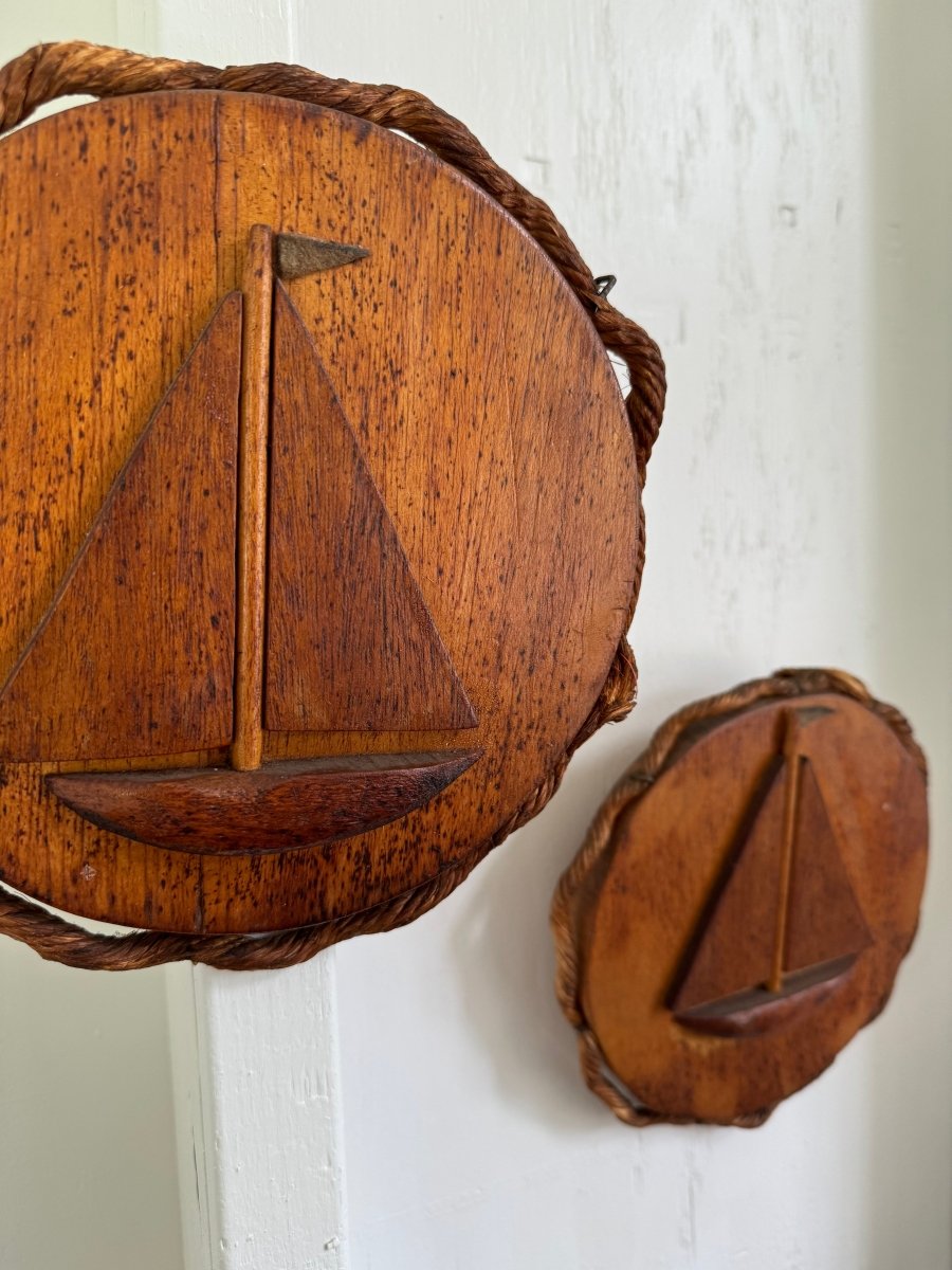 Vintage Wooden Sailboat Plaque Set - Diamonds & Rust